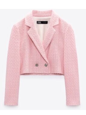 Zara Light Pink Cropped Tweed Blazer